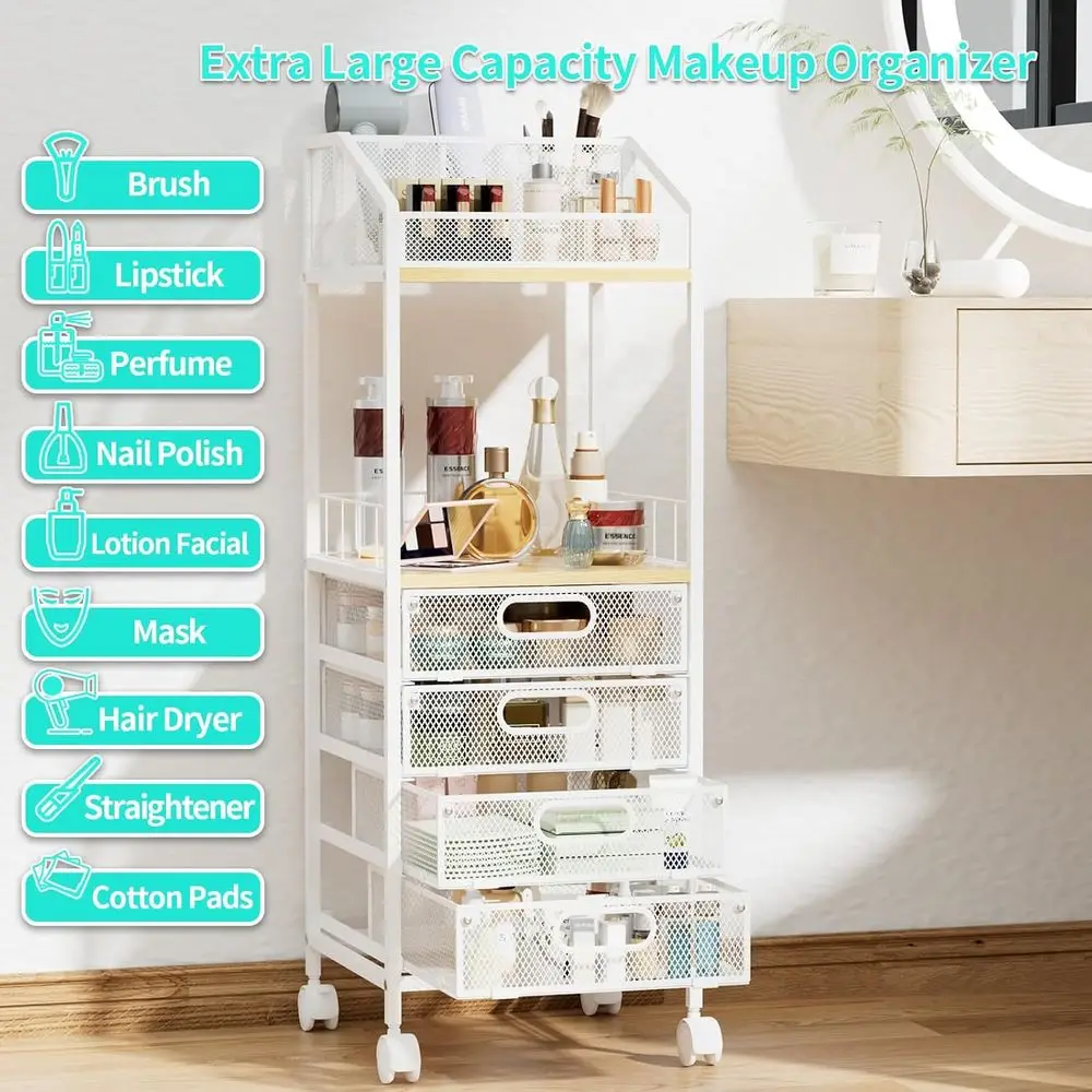 Chariot de maquillage roulant à 4 tiroirs – Organisateur de vanité au sol pour le rangement des soins de la peau, des cosmétiques, des parfums et des vernis à ongles.