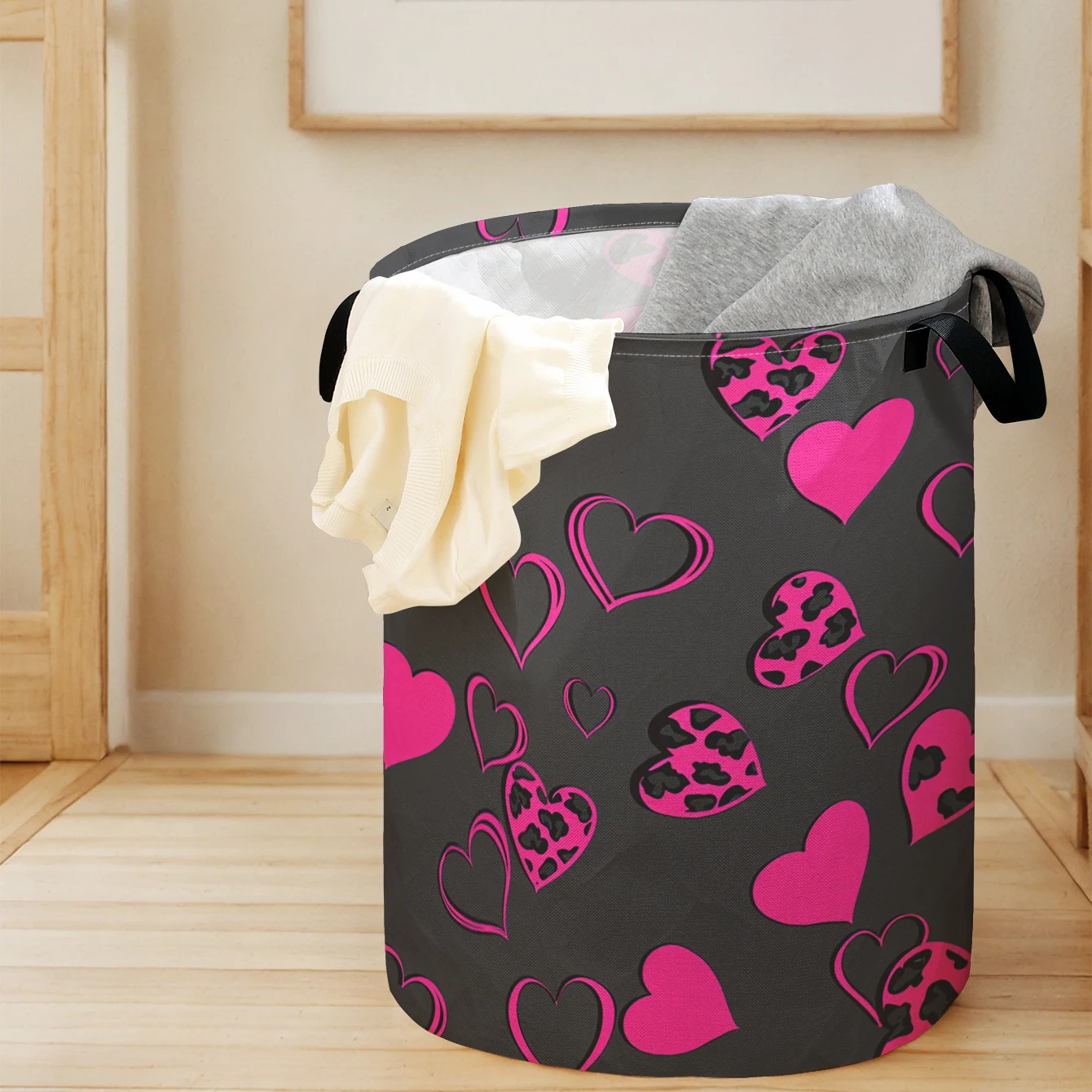 

Складной вместительный контейнер для хранения с принтом в виде розовых сердечек и леопардового узора, для детских игрушек и одежды, для дома и ванной комнаты