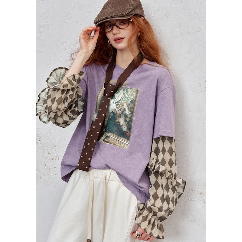 ELFSACK Y2K Long Sleeve Top Women Romantic Loose Round Neck Long Sleeve T-Shirt Fake Two-Piece Ruffle Sleeve Cute Print Top
