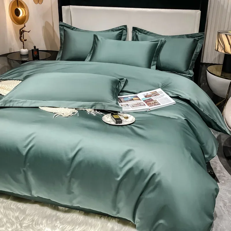 150/180/200CM Grey Green Beige 100s Cotton Flat Fitted Bed Sheet Duvet Cover Pillowcase Spring Four-piece Bedding Set M074-3