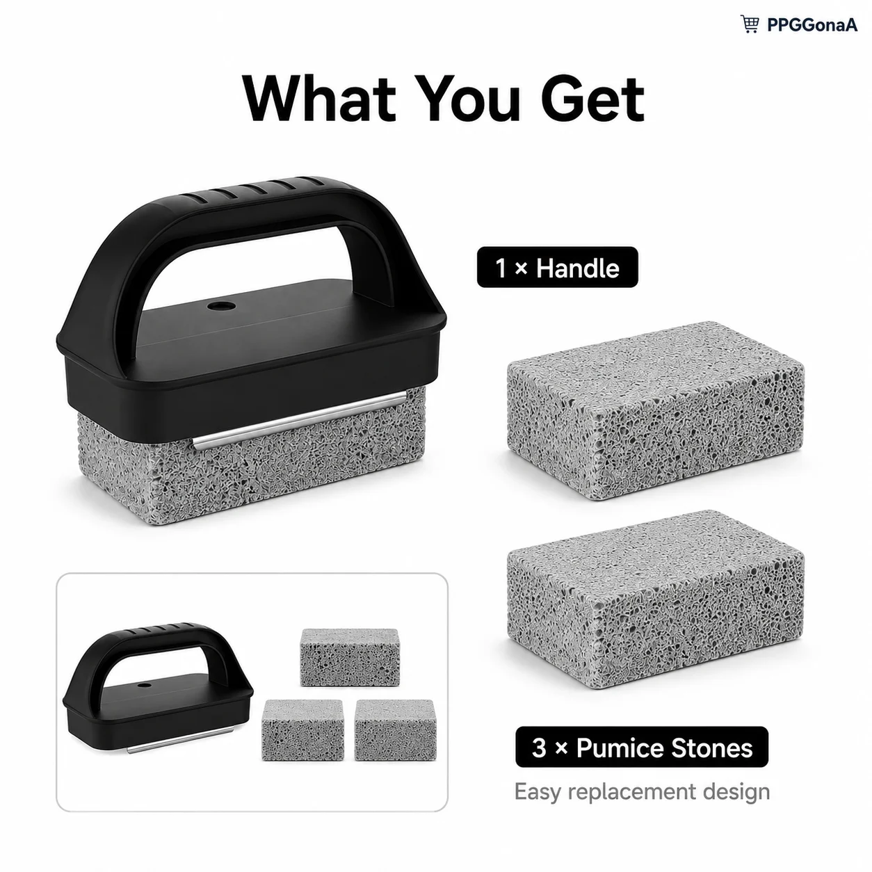 BBQ Grill Cleaning Stone Set with Handle, Pumice Brick Cleaner for Griddle Grill Rack, Grease & Burnt Residue Removal