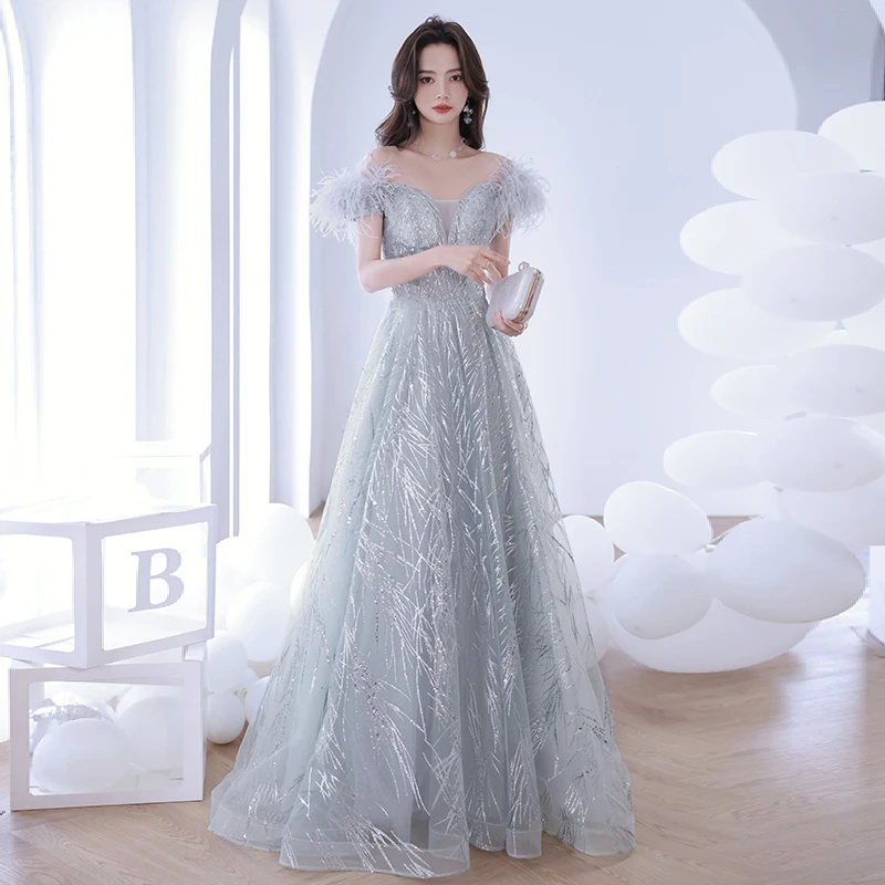 Luxury Off the Shoulder Long Evening Dress Feather Illusion Mesh Prom Party Gown Sequined Lace Up Small Trailing Banquet Dresses