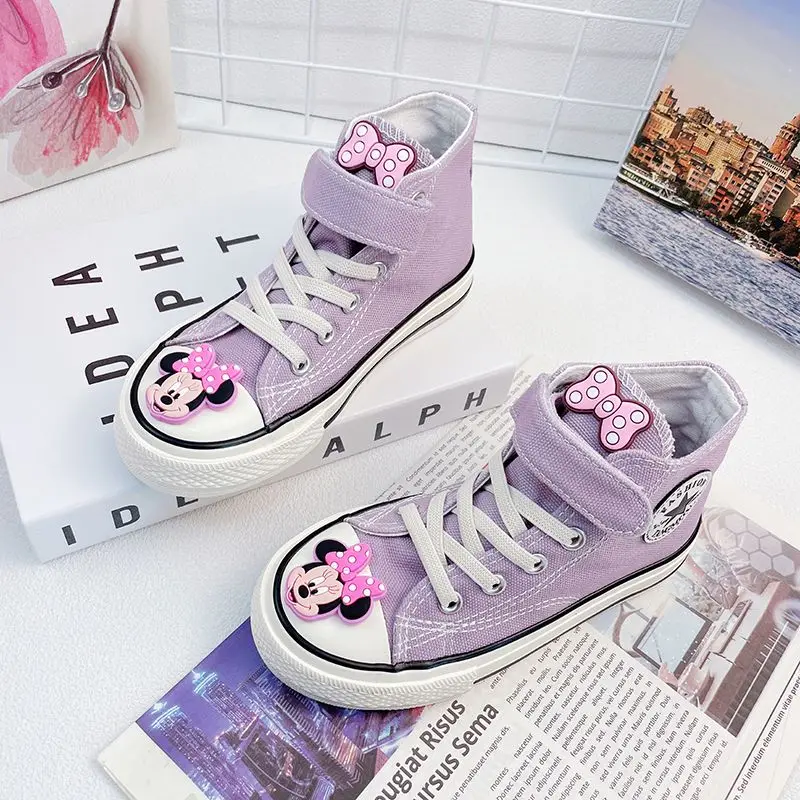 Disney Girls' Canvas Casual Shoes Soft Sole High Top Cartoon Minnie Purple White Breathable Shoes Flats Size 24-37