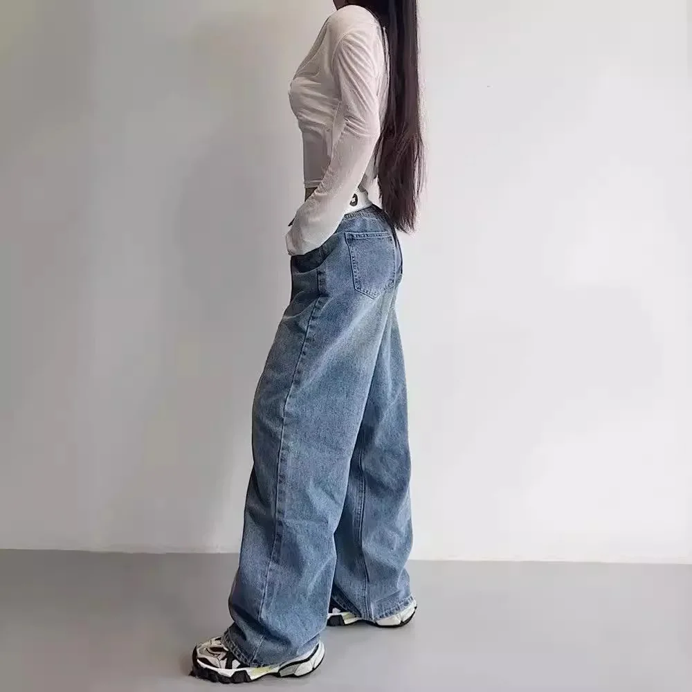 المرأة Y2K بنطال ذو قصة أرجل واسعة الأمريكية الرجعية الخصر فضفاض الشارع عادية مستقيم الساق الجينز
