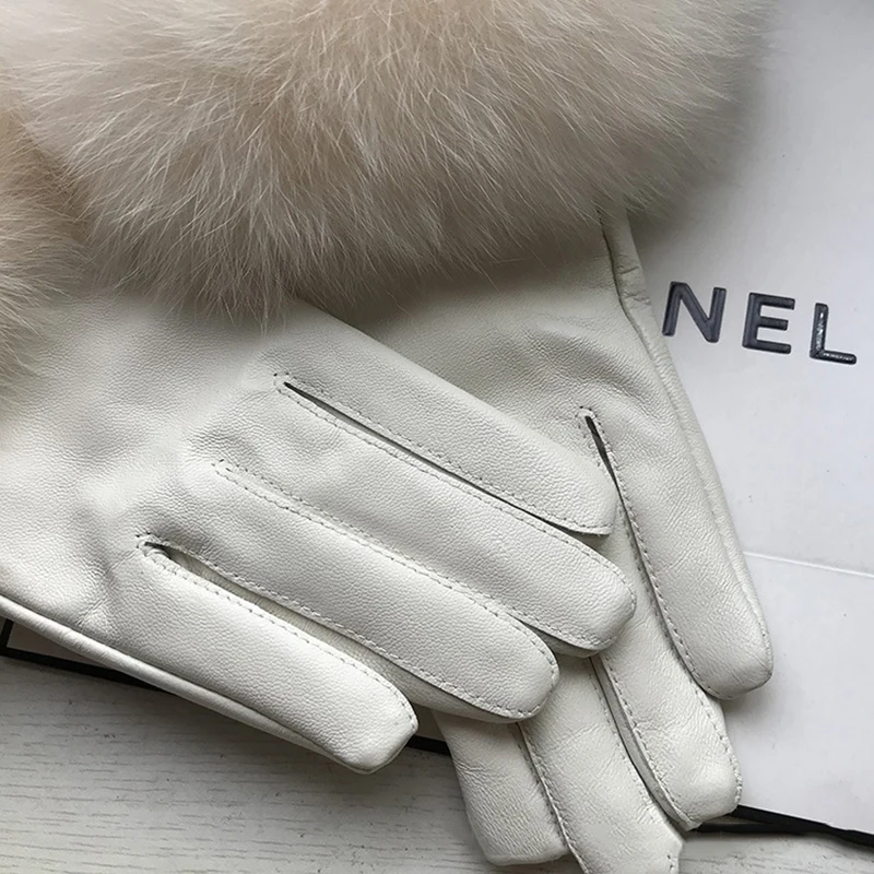 Beige White Natural Fluffy Fox Fur Women Sheepskin Gloves Winter Plus Velvet Warm Ladies Outdoor Windproof Real Leather Gloves