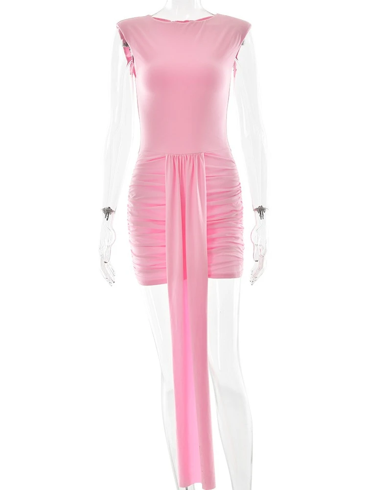 XIAOTANG Bezrękawnik Sukienka Tank Seksowna Marszczona Damska Moda Różowa Patchworkowa Dekolt O Bodycon Klubowa Sukienka na Imprezę Elegancka 2025