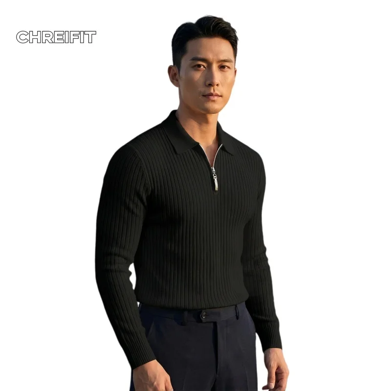 

Men's Half Zip Ribbed Knit Sweater Slim Fit Long Sleeve Polo Shirt Casual Business Wear Spring Autumn Top 2026 New Fashion