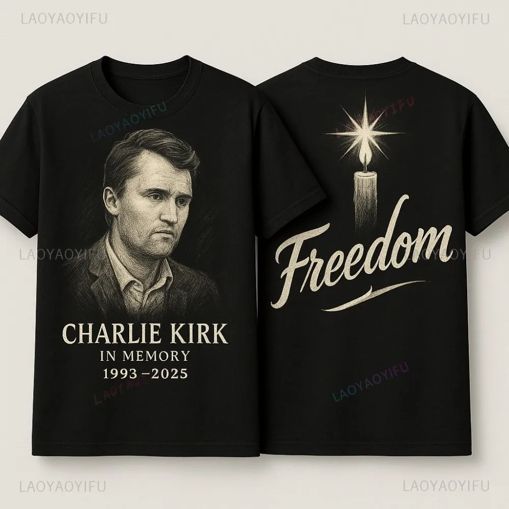 Charlie Kirk Freedom Memorial T Shirt Harajuku Graphic T Shirts Men Clothing 2025-9-10 PRAY. PROTEST. PROTECT. Charlie Kirk
