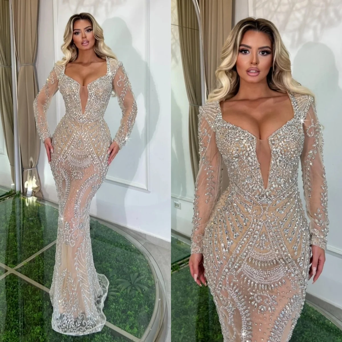 

Luxury Crystal Wedding Dresses See Through Bridal Gowns Rhinestone Beaded Illusion Mermaid Customized Bride Vestidos De Novia