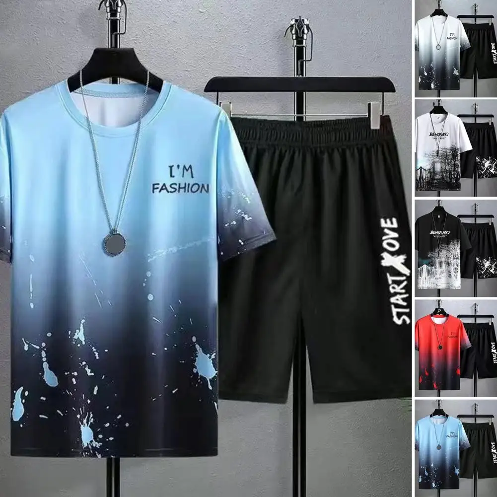 2Pcs/Set O-Neck Short Sleeve Casual Outfit Pockets Ice Silk Men Gradient Color Letter Print Men Tracksuits T-shirt Shorts Set