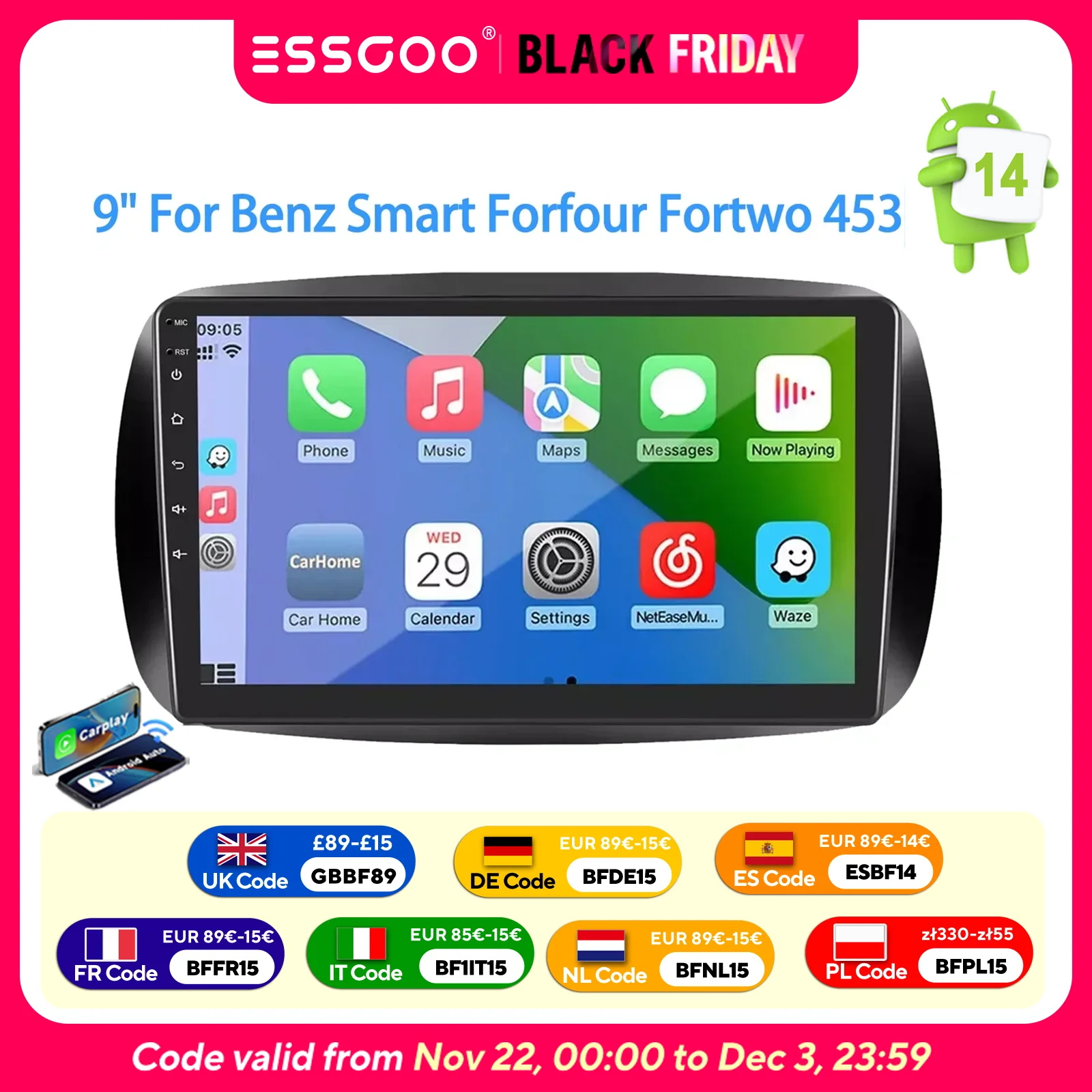 Essgoo 9 zoll 2 DIN Für Mercedes Benz Smart Forfour Fortwo 453 Auto Radio Android13 GPS Navi FM Drahtlose carplay Multimedia Player