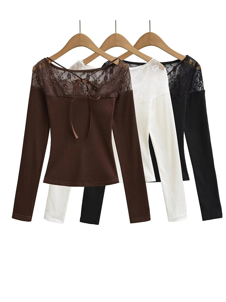 

Женские кружевные вязаные футболки в рубчик с v-образным вырезом, сексуальные эластичные тонкие топы с длинными рукавами, футболки