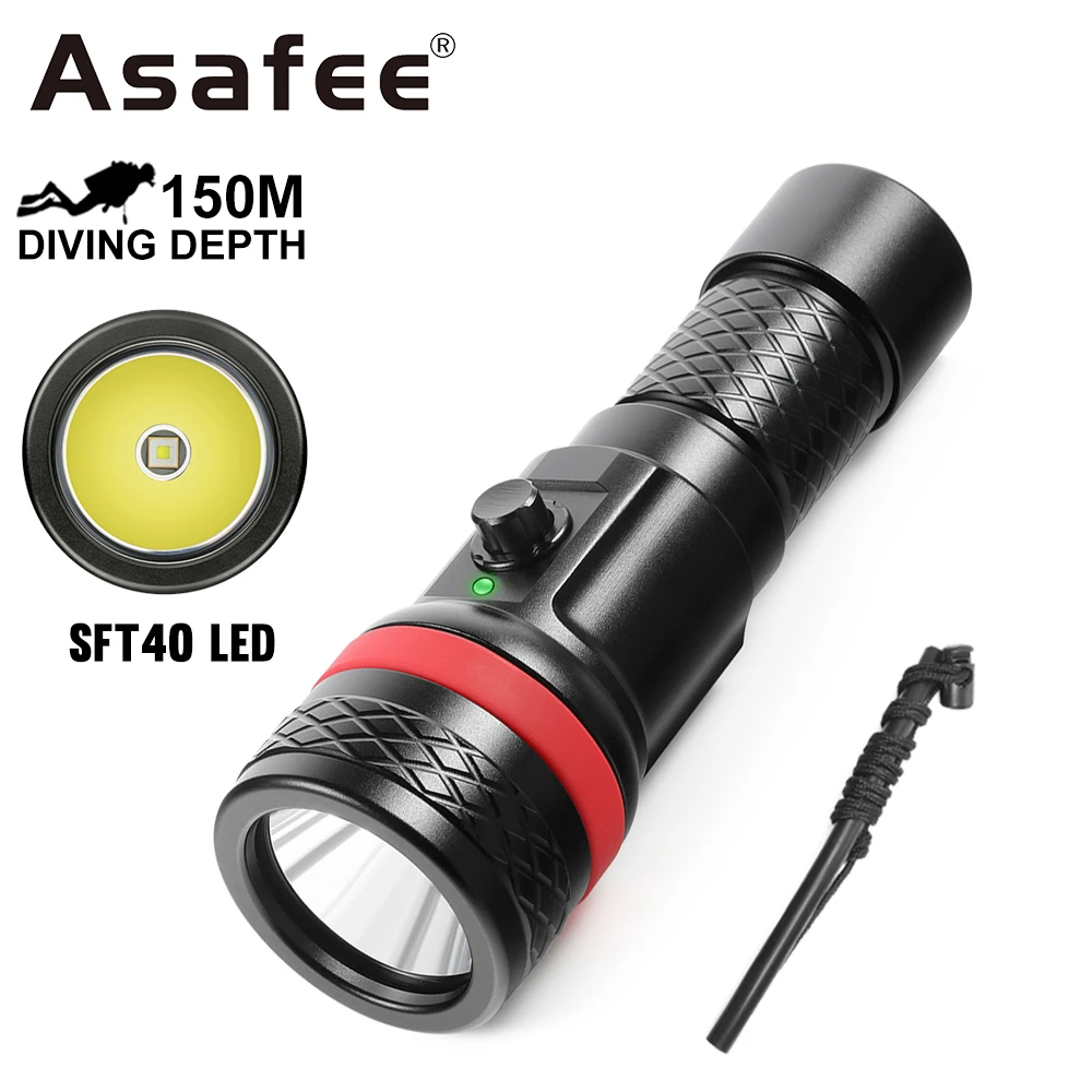 Asafee 150M Technical Deep Diving Flashlight SFT40 LED Scuba Lantern Underwater Canister Waterproof Lamp Battery Display Torch