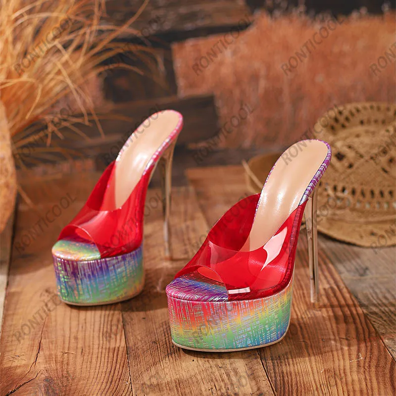 Artisan Crafted Women's Rainbow Hologram Platform Mules - Handmade Slide Sandals with Metallic Heel Ladies US Plus Size 35-42