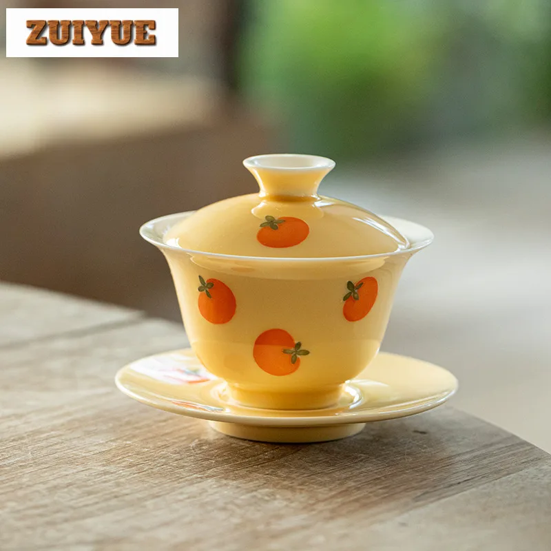 130ml Hand-painted Persimmon Apricot Yellow Gaiwan Aesthetic Tea Tureen Tea Bowl With Lid Kit Tea Maker Cover Bowl Craft Gift
