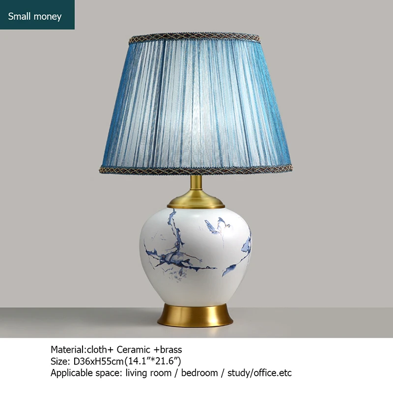 TEMAR Ceramic Table Lamps Blue Brass Luxury Desk Light Fabric for Home Living Room Dining Room Bedroom Office