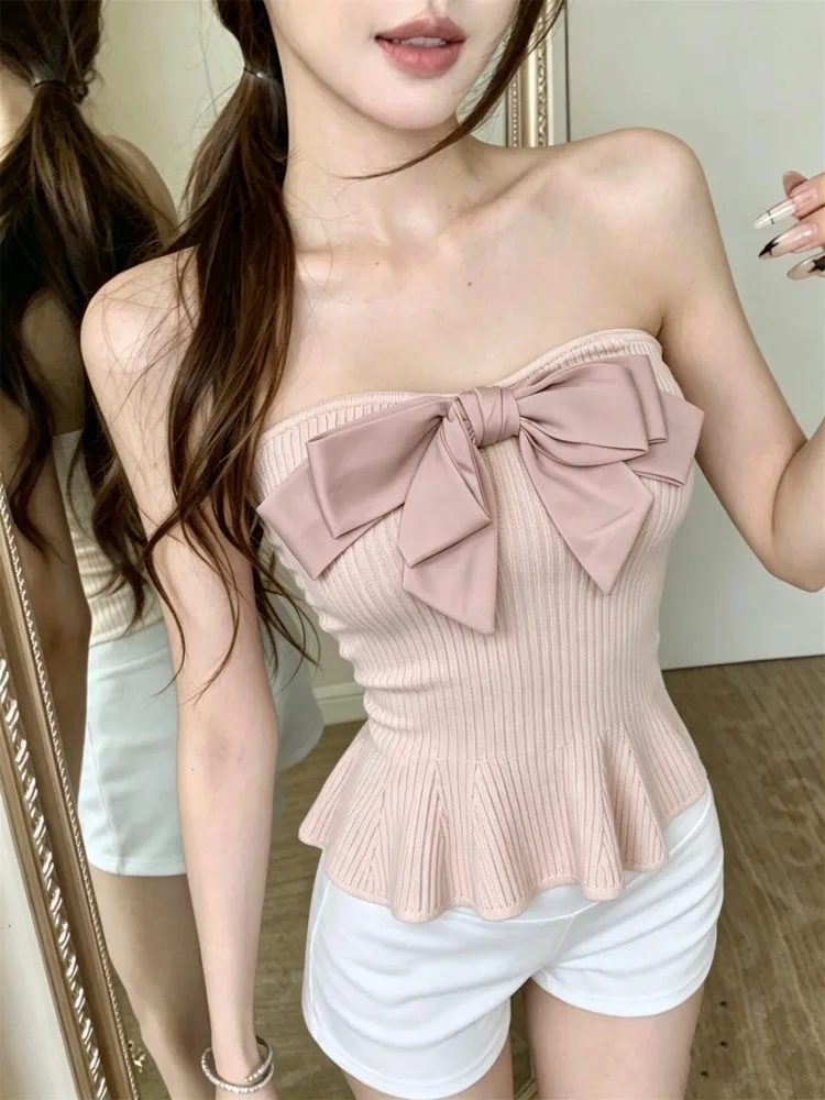 

Summer Knot Knitted Tube Top Vest Women's Slimming Sleeveless Short Shirt Inner And Outer Wear Pink Commute Style