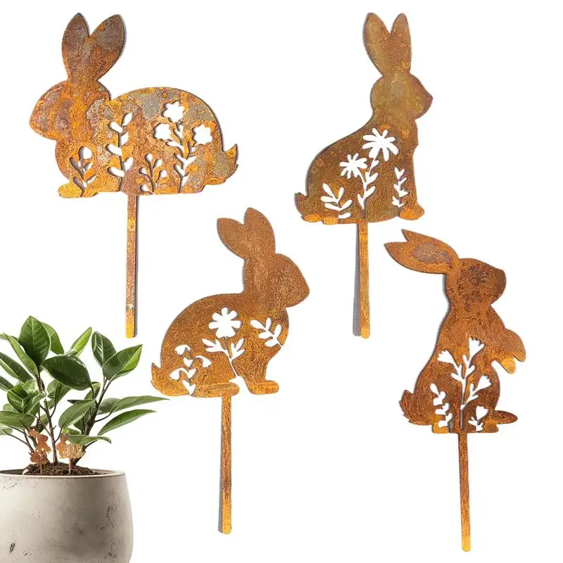 Iron Art Rabbit Garden Stakes Easter Rabbit Silhouette Set Outdoor Garden Backyard Decor Rabbit Figurine Flower Pot Grass Plugin