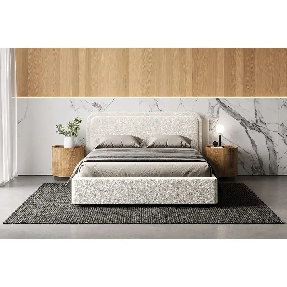 Queen Size White Boucle Upholstered Platform Bed - No Box Spring Needed