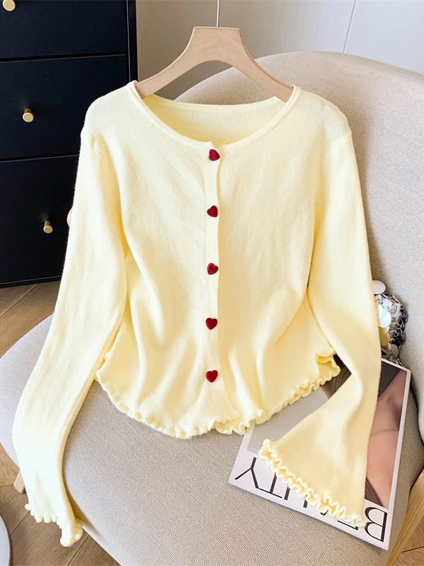 Soft Knitted Button-Up Sleeveless Sweater Women's Slim Fit round Neck Long Sleeve Autumn Winter Fashion Gentle Style Bell Sleeve view 2