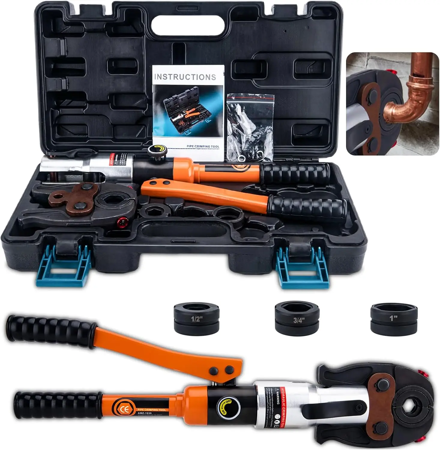 

Copper Pipe Crimping Tool Copper Press Tool W/ 1/2" 3/4" 1" Jaws for Confined Spaces and Tee Fittings Hydraulically Driven