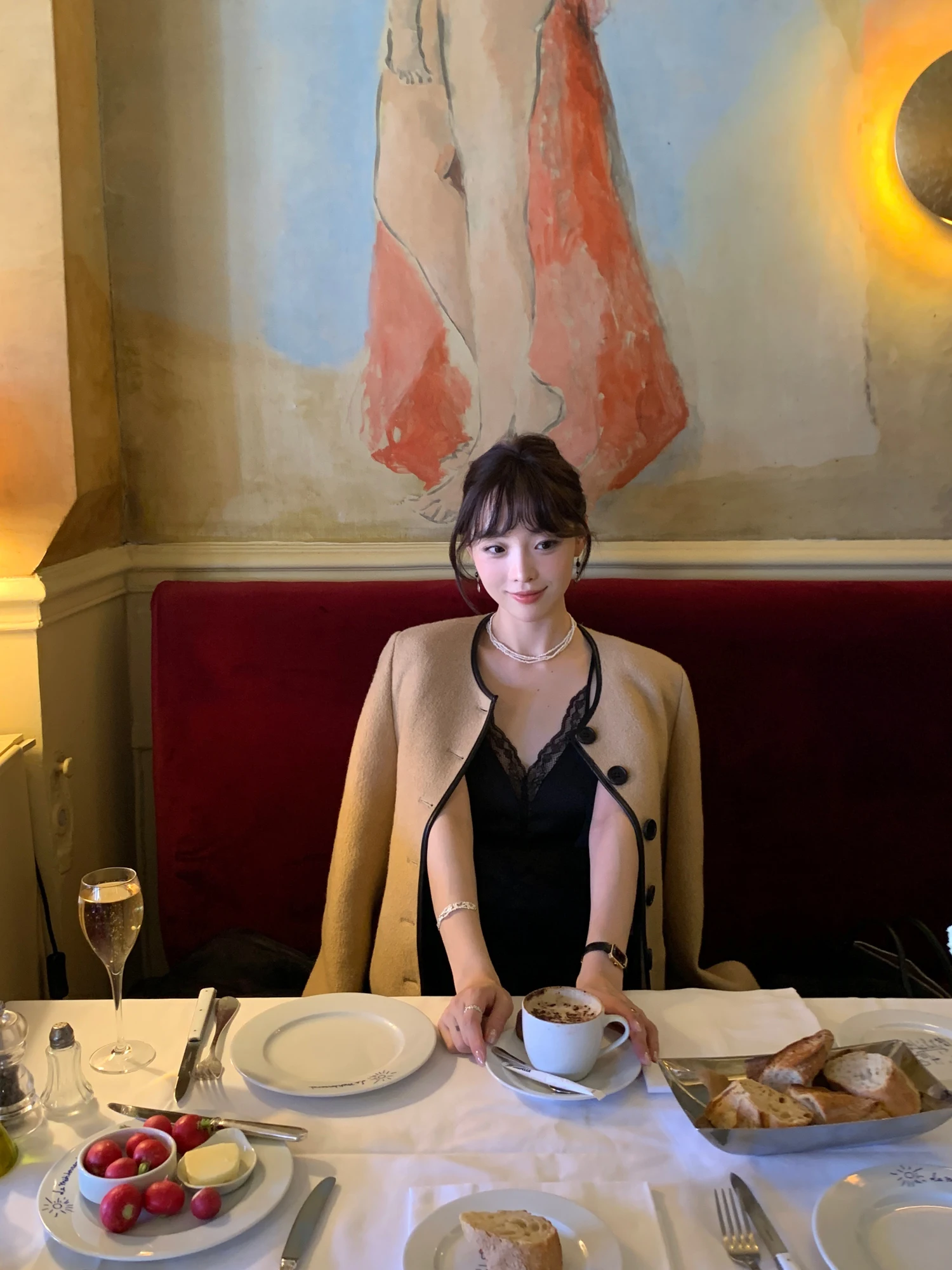 Le Lalin クラシック ショート ウール ブレンド レザー パッチワーク ラウンドネック ショルダーレベル アウター フレンチ スタイル ストレート カット レディース コート