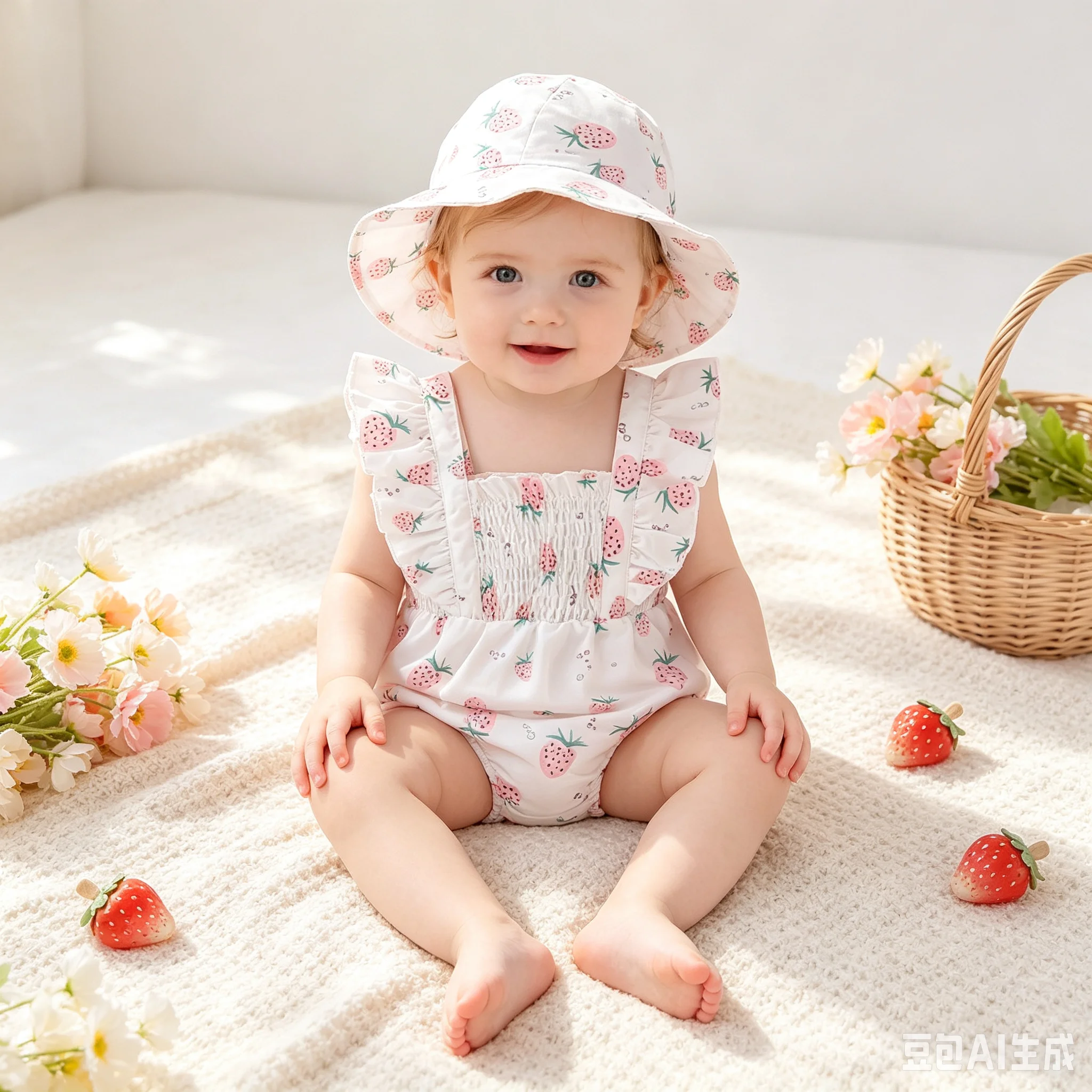 Strawberry Patterned Baby Girl Romper with Hat Casual Summer Outfit for Infants