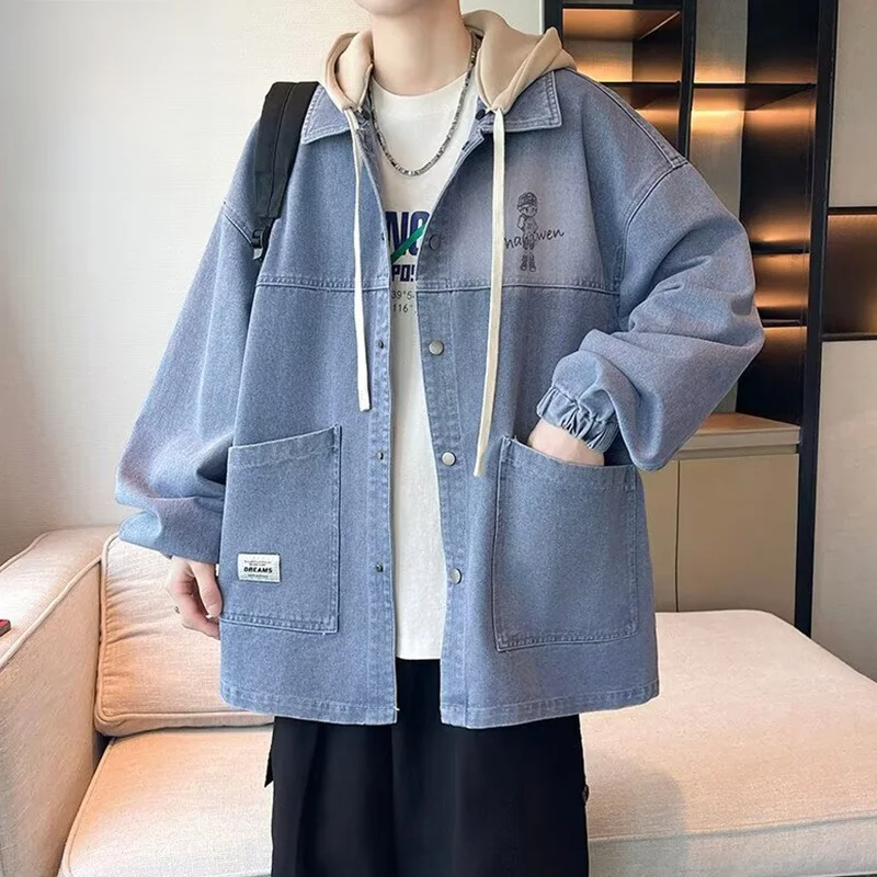 

Thiened Denim Jaet with Hood for Boys Warm ex Autumn Winter Faion Removable Cap Youth Trendy Sle Long Sve Coat