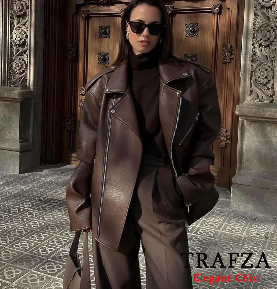 

TRAFZA-Women Vintage Asymmetrical Jacket Faux Leather Zipper Jacket Coat New 2024 Fashion Fall Autumn High Street Casual Jacket