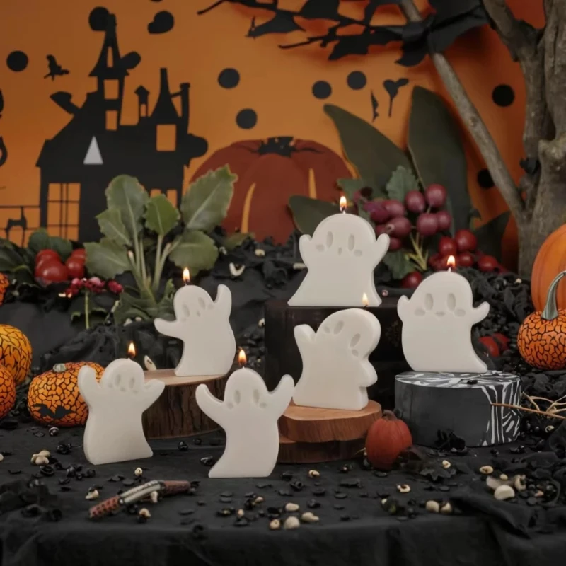 6 ピース/セットかわいいゴーストキャンドルシリコーン型 DIY ハロウィン要素樹脂型フラット石膏作成ツールパーティークラフトギフト家の装飾