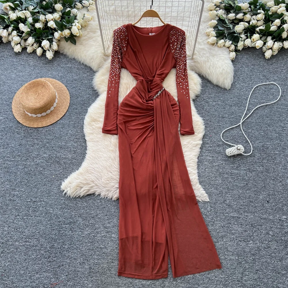 Clothland mujeres Rhinestone brillante Maxi Vestido cuello redondo manga larga elástico ajustado Mujer Chic Vestido de noche largo Vestido QE276