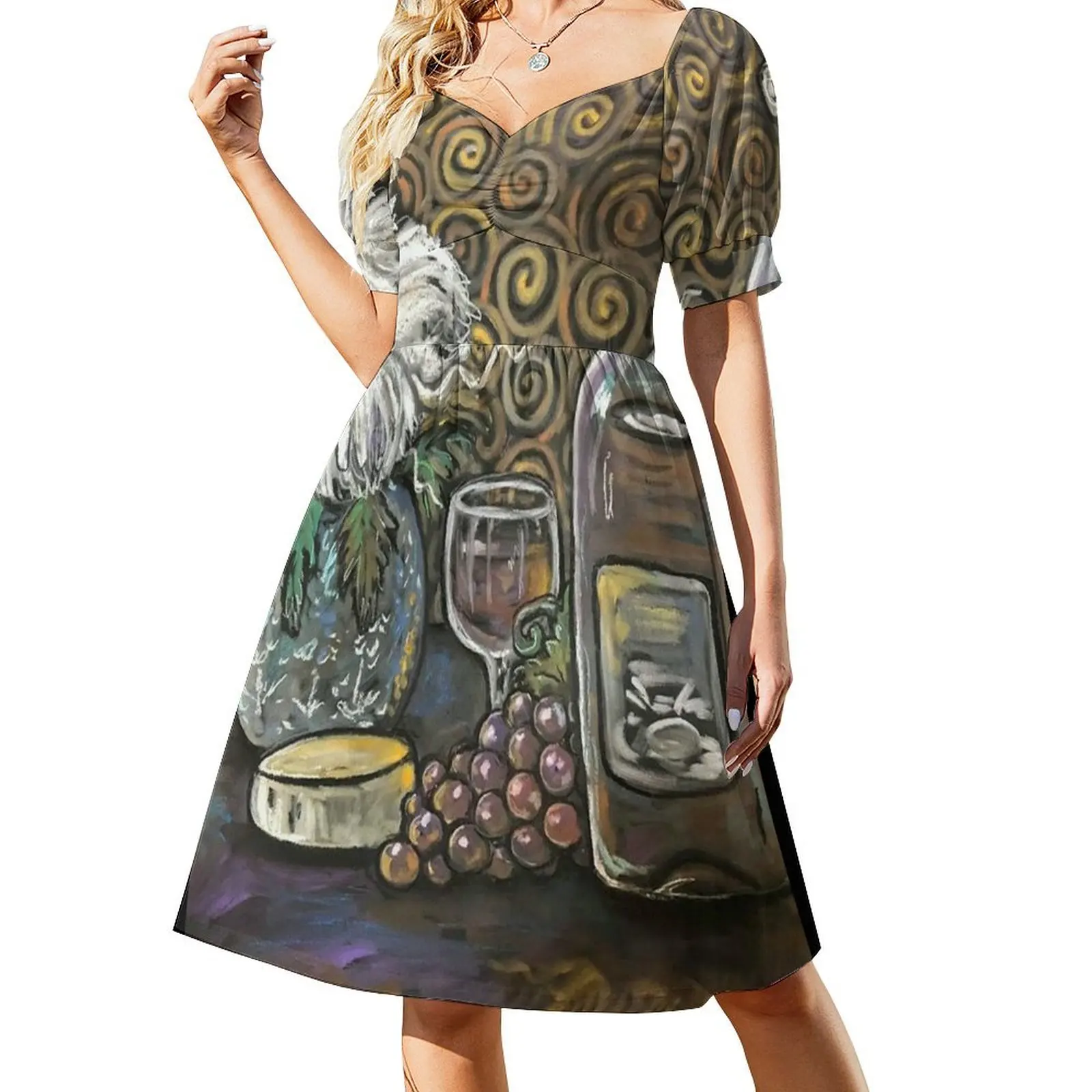 Wine Swirl / Red Wine / Grapes / Wine Glass Cheese wheel Still life Short Sleeved Dress summer clothes for women Dress