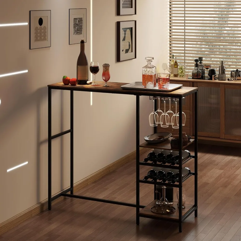 48 طاولة بار طويلة، طاولة طعام عالية مع مساحة تخزين، رف النبيذ وحوامل أواني الجذع، طاولة الإفطار على الطراز الصناعي