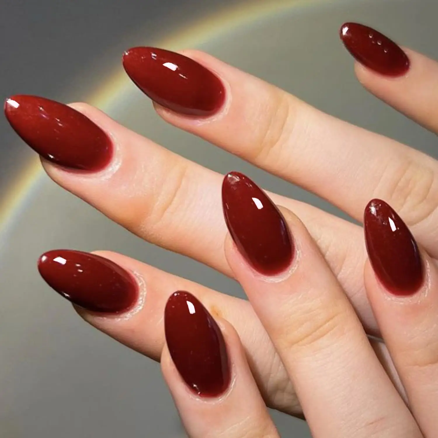 

Cherry Red Press on Nails Medium Almond, Handmade Jelly Soft Gel Dark Red Glue on Nails for Women, Reusable Acrylic Stick on