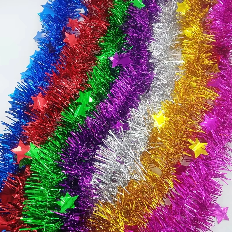 2m Christmas Tinsel Ribbon Garlands Christmas Trees Hanging Plastic Colorful Star Decorations Home Weddings New Year Party