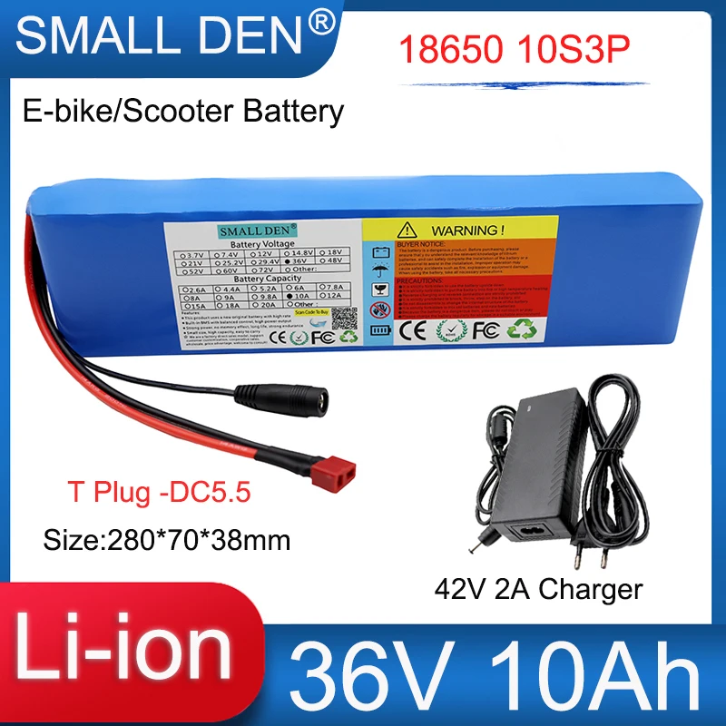 

New 36V 10Ah 18650 10S3P Lithium Battery Pack 0-500W Built-in 15A BMS For 42V Electric two wheelers Motorcycle Spare battery