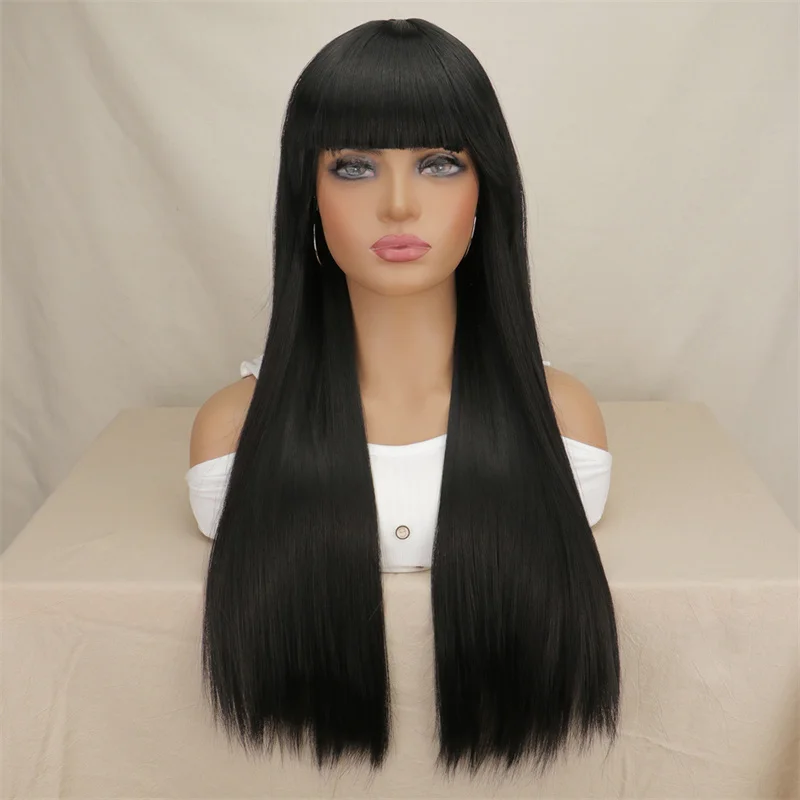 Synthetic Hair Wigs with Full Bangs Black Natrual Long Straight Women' Wig Heat Resistant Synthetic No Lace Wigs for Fashion Wig