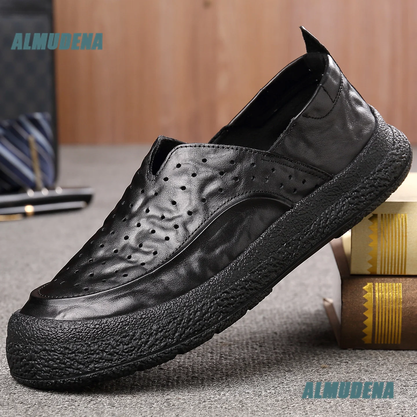 Men's Hollow Out Leather Slip-On Loafers Breathable Casual Shoes Thick Rubber Soft Sole Lightweight Summer Walking Shoes
