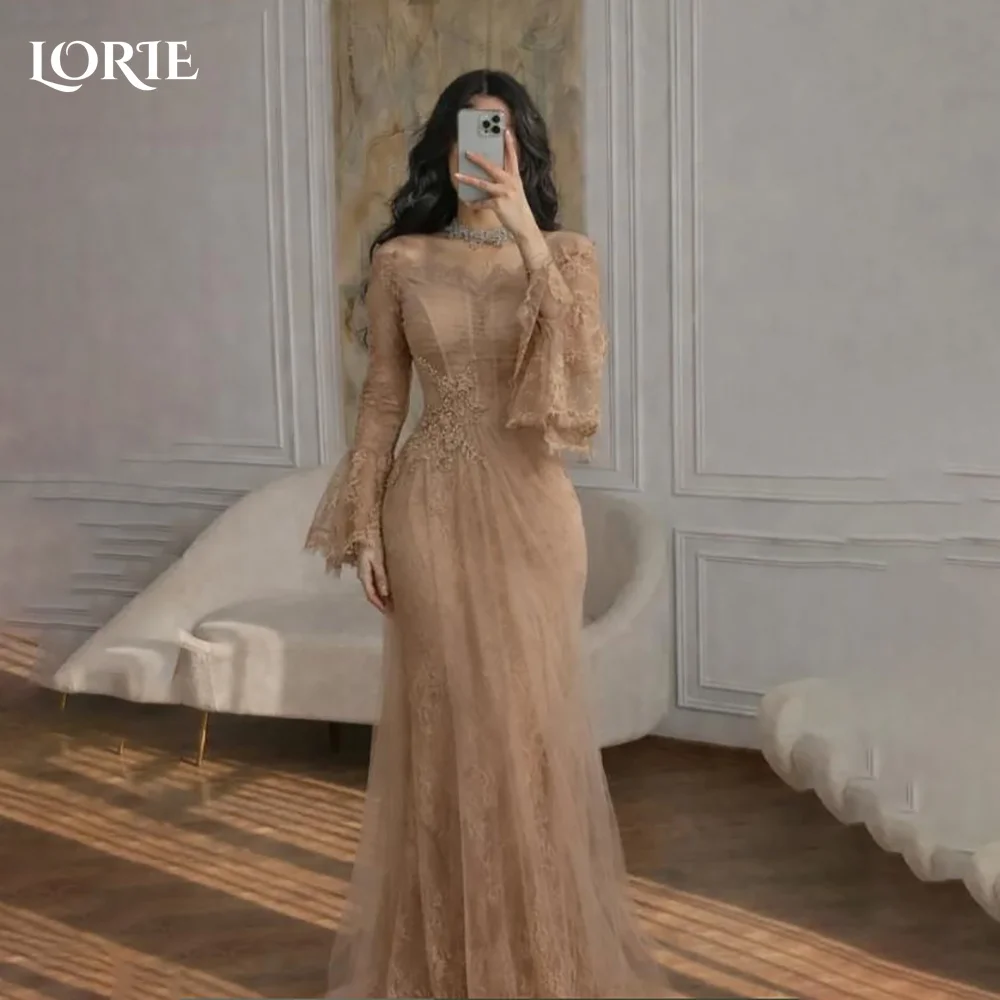 

LORIE Muslim Crepe Evening Dress A-Line Pleats High Neck Bobycon Prom Dress Lace Appliques Party Gown Customized Brithdays Dress