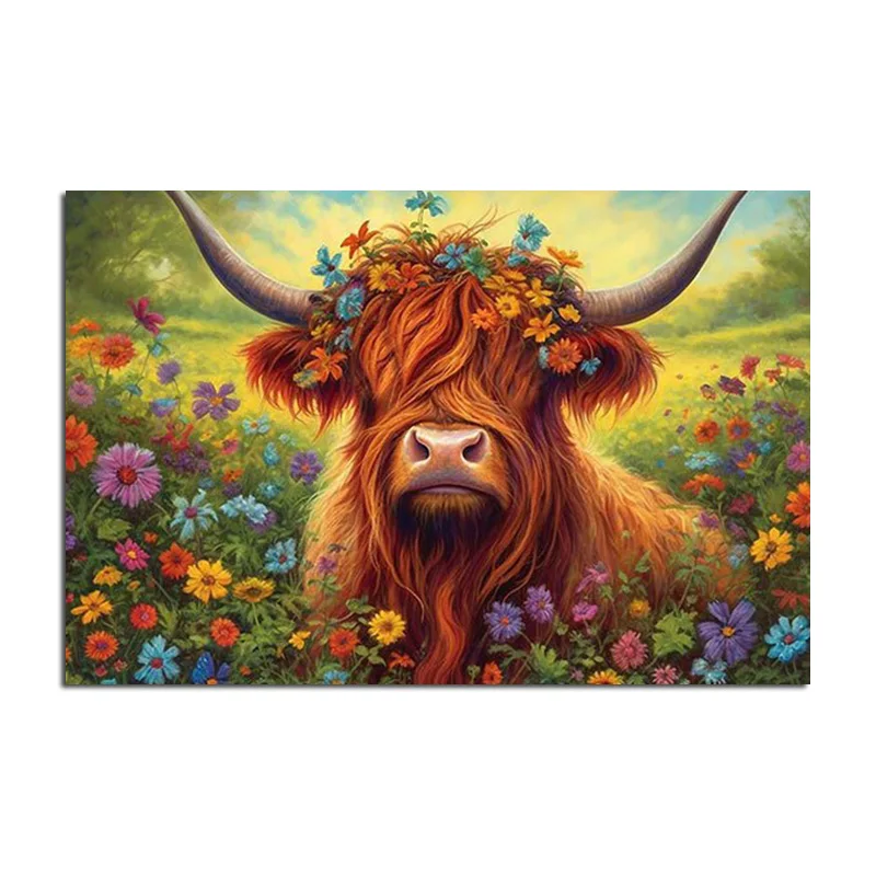 Canvas Print, Abstract Highland Cattle and Flowers Painting, Watercolor Wall Art, Animal Poster Picture for Kid Room Home Decor