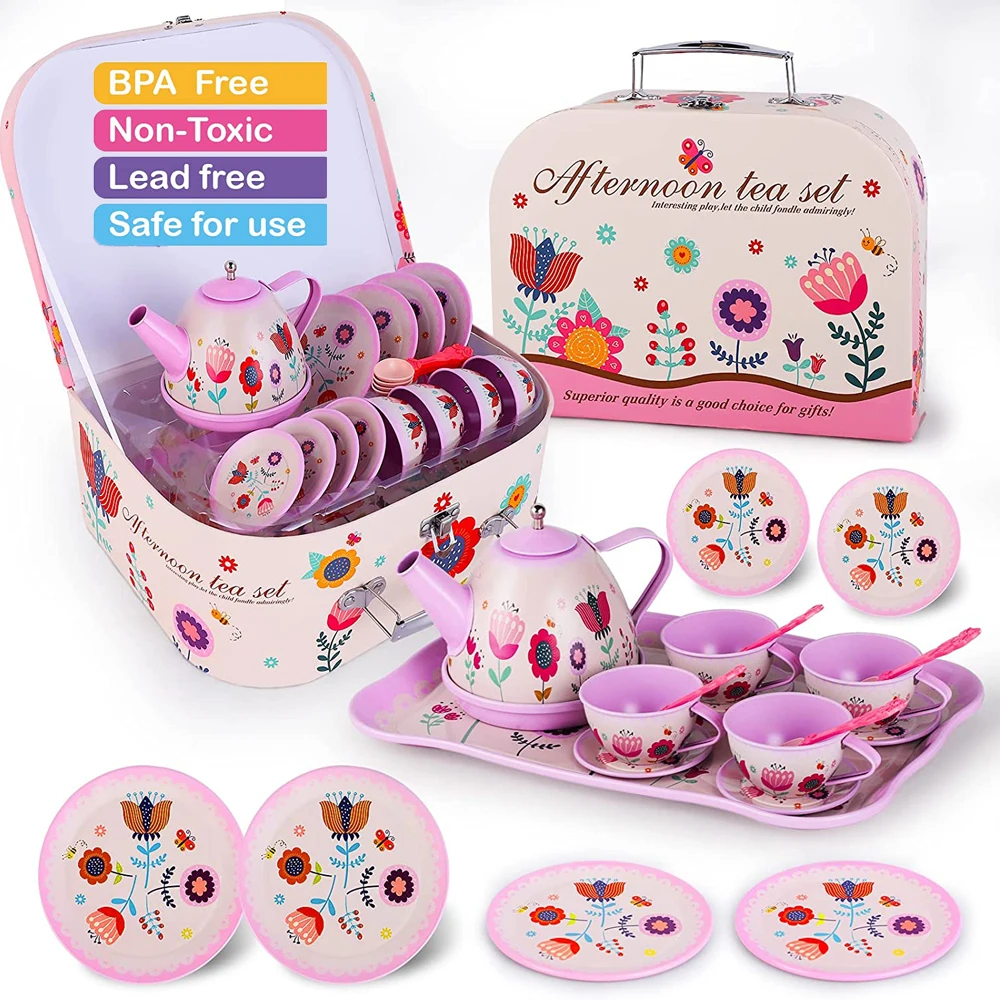 Kids Tea Set for Little Girls Princess Party for Design Toy with Metal Teapots Cups Plates Coasters Spoons Carry Case Pretend