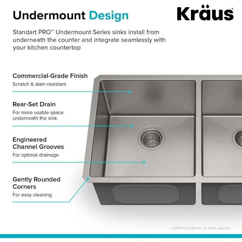 Kraus Standard Proステンレス鋼キッチンシンク,ダブルボウル,16ゲージ,50/50, 33インチ,KHU102-33