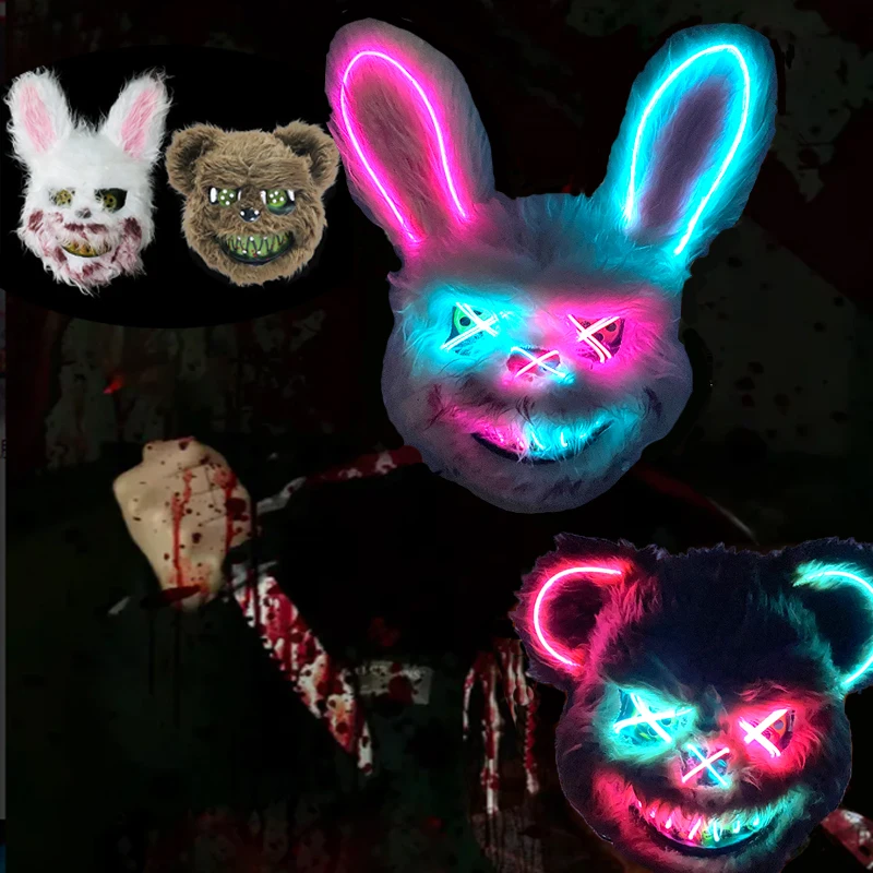 

Glowing Scary Rabbit Mask Halloween Bar Scary Cosplay Killer Costumes Dexoration Horror LED Murdered Bloody Brown Bear Mask