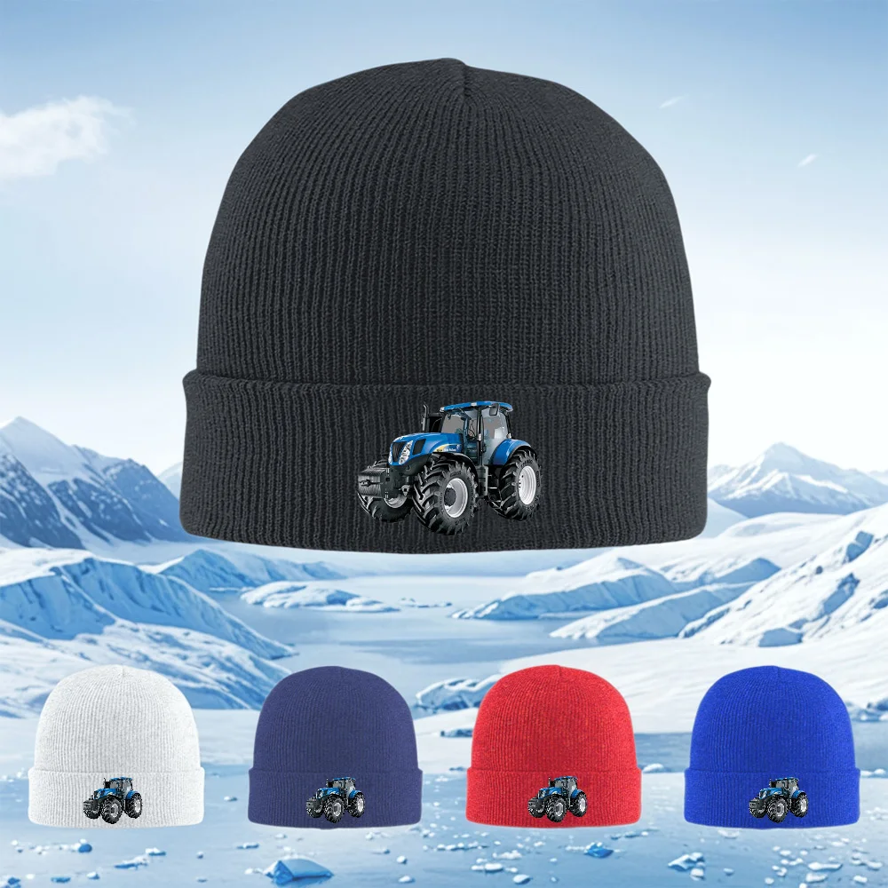 Blue tractor with black wheels Men Women Unisex Knitted Hat Beanie Pullover Cap Winter Thermal Warm Christmas Outdoor Cycling Hi