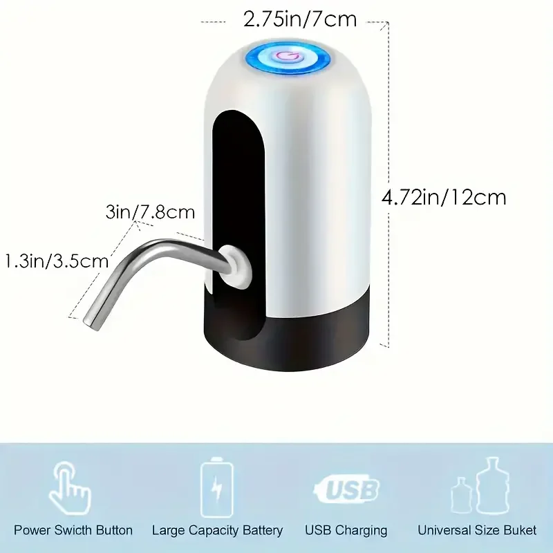 USB Rechargeable Electric Water Bottle Pump Automatic Drinking Water Dispenser with Power Switch Portable for Camping