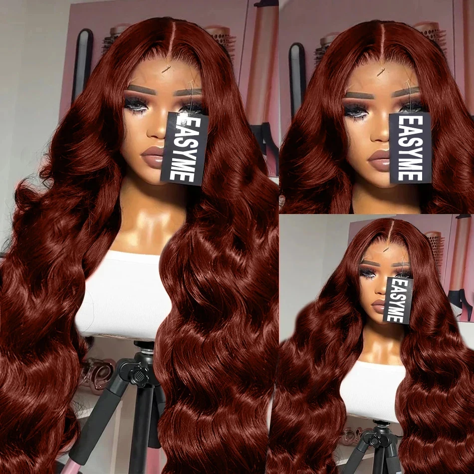 Perruque Lace Front Wig Body Wave Naturelle pour Femme, Cheveux Humains, Couleur Rouge Foncé, Brun Rousse, 13x6, 13x4, en Solde