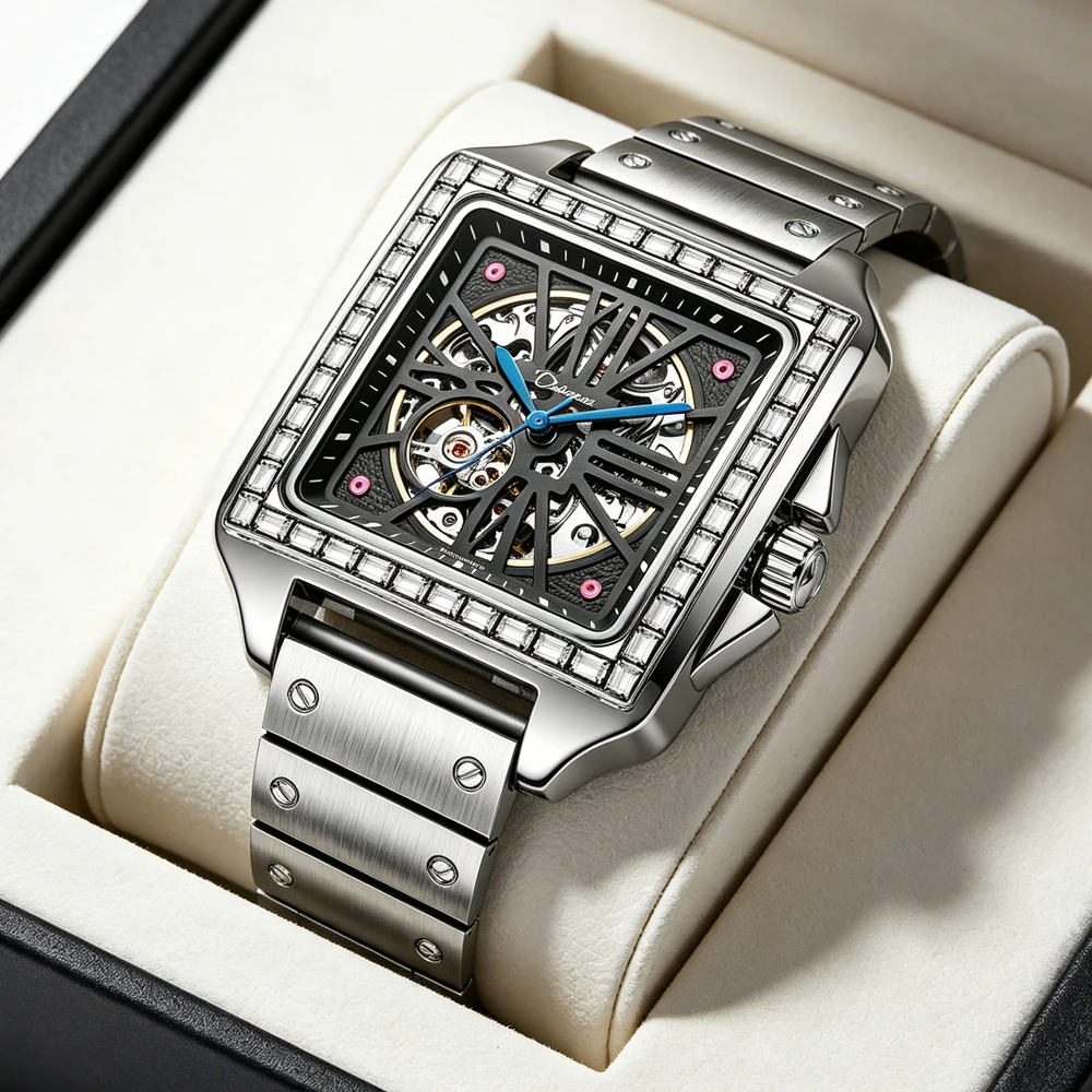 

Vintage Square Skeleton Automatic Mechanical Watch Men Bling Baguette Crystal Bezel Hollow Movement Stainless Steel Strap
