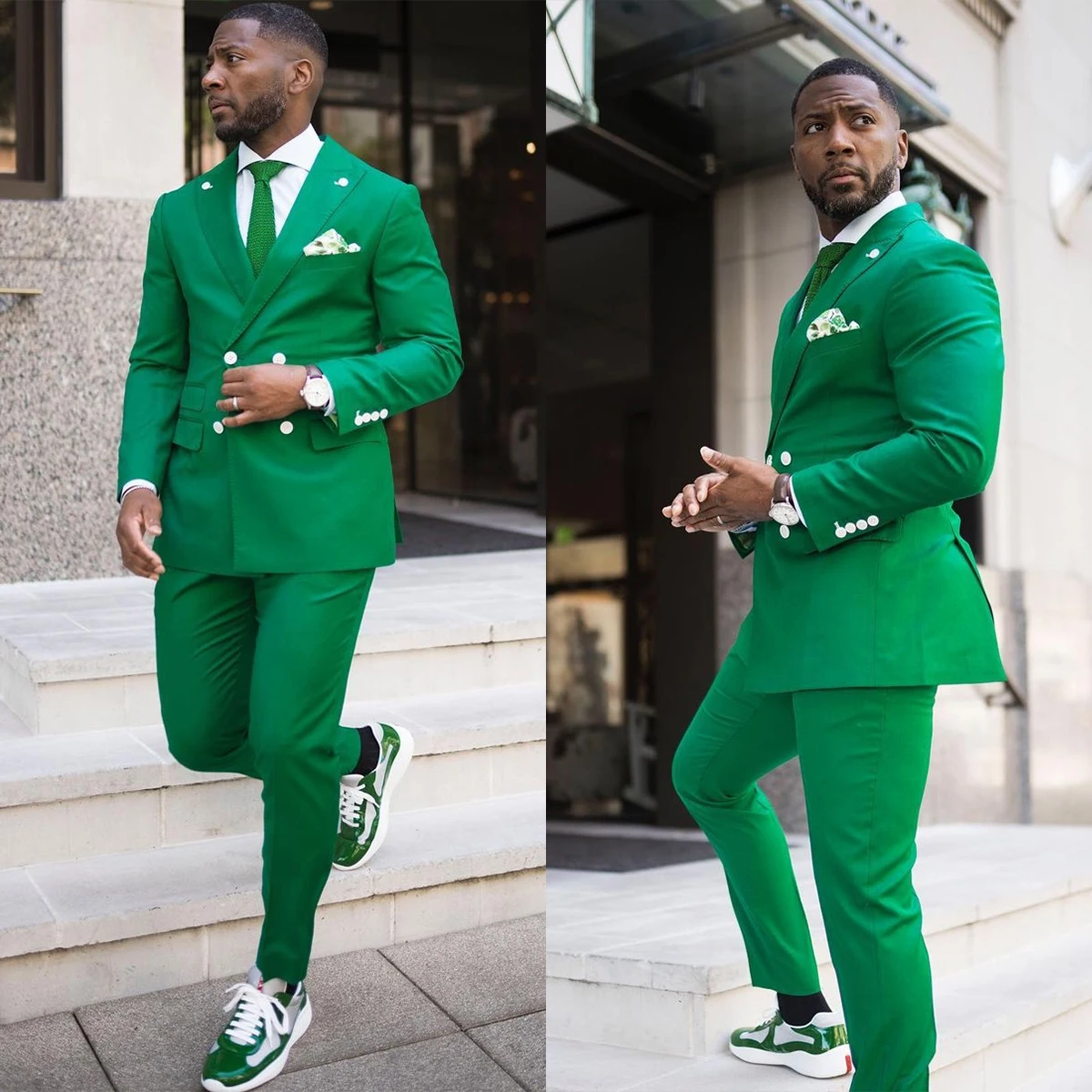 Wedding Tuxedos Men Suits Green Handsome Solid Color Peaked Lapel Double Breasted Customized Coat Pants Groom Wedding Occasiom