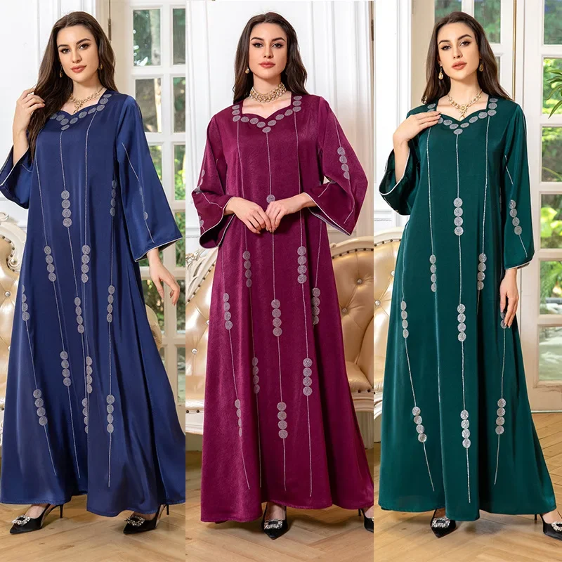 

Luxury Satin Abaya Dubai Kaftan Diamonds Jalabiya Eid Djellaba Women Muslim Long Party Dress Turkey Kaftan Ramadan Caftan Robe
