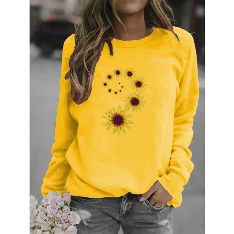 Women\'s Sunflower Print Crew-neck Hoodie Sweatshirts Streetwear Women Clothes Sweatshirt Aesthetic